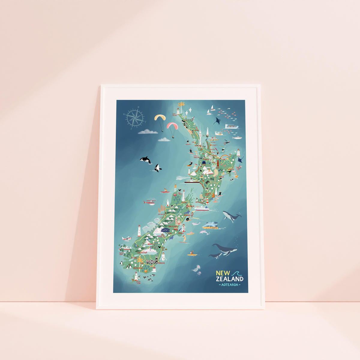 New Zealand map  hand-drawn with pastel colours added by digital pencil. Shows little drawings from our travels around the country.  White framed displayed.