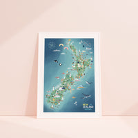 New Zealand map  hand-drawn with pastel colours added by digital pencil. Shows little drawings from our travels around the country.  White framed displayed.