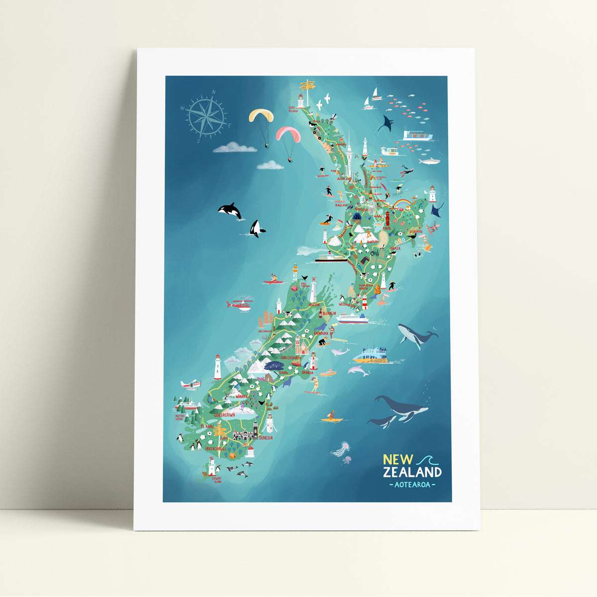 A hand-drawn map of New Zealand, both islands, with pastel colours added by digital pencil. Shows little drawings from our travels around the country. 