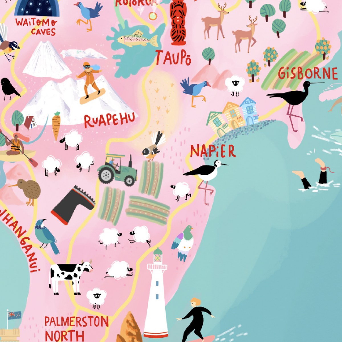 New Zealand map hand-drawn in PINK with pastel colours added by digital pencil. Shows little drawings from our travels around the country. Close up Napier