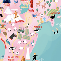 New Zealand map hand-drawn in PINK with pastel colours added by digital pencil. Shows little drawings from our travels around the country. Close up Napier