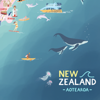 New Zealand map art print hand-drawn in PINK with pastel colours added by digital pencil. Shows little drawings from our travels around the country. Close up 