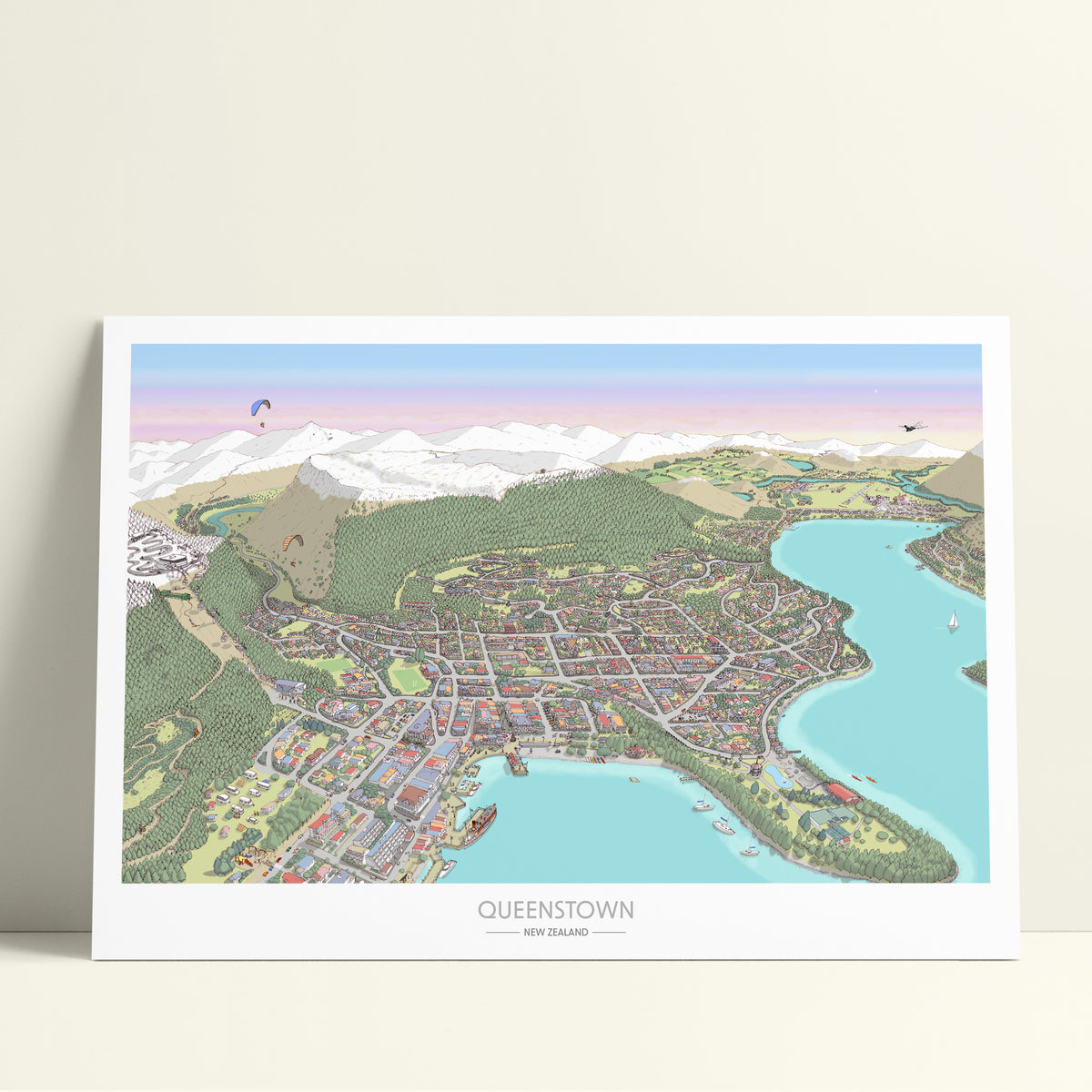 Hand-drawn map of Queenstown, New Zealand, featuring the town centre, waterfront, gondola and luge tracks, surrounding buildings, and Lake Wakatipu. Created in a detailed illustration style with digital colouring over pencil and pen. 