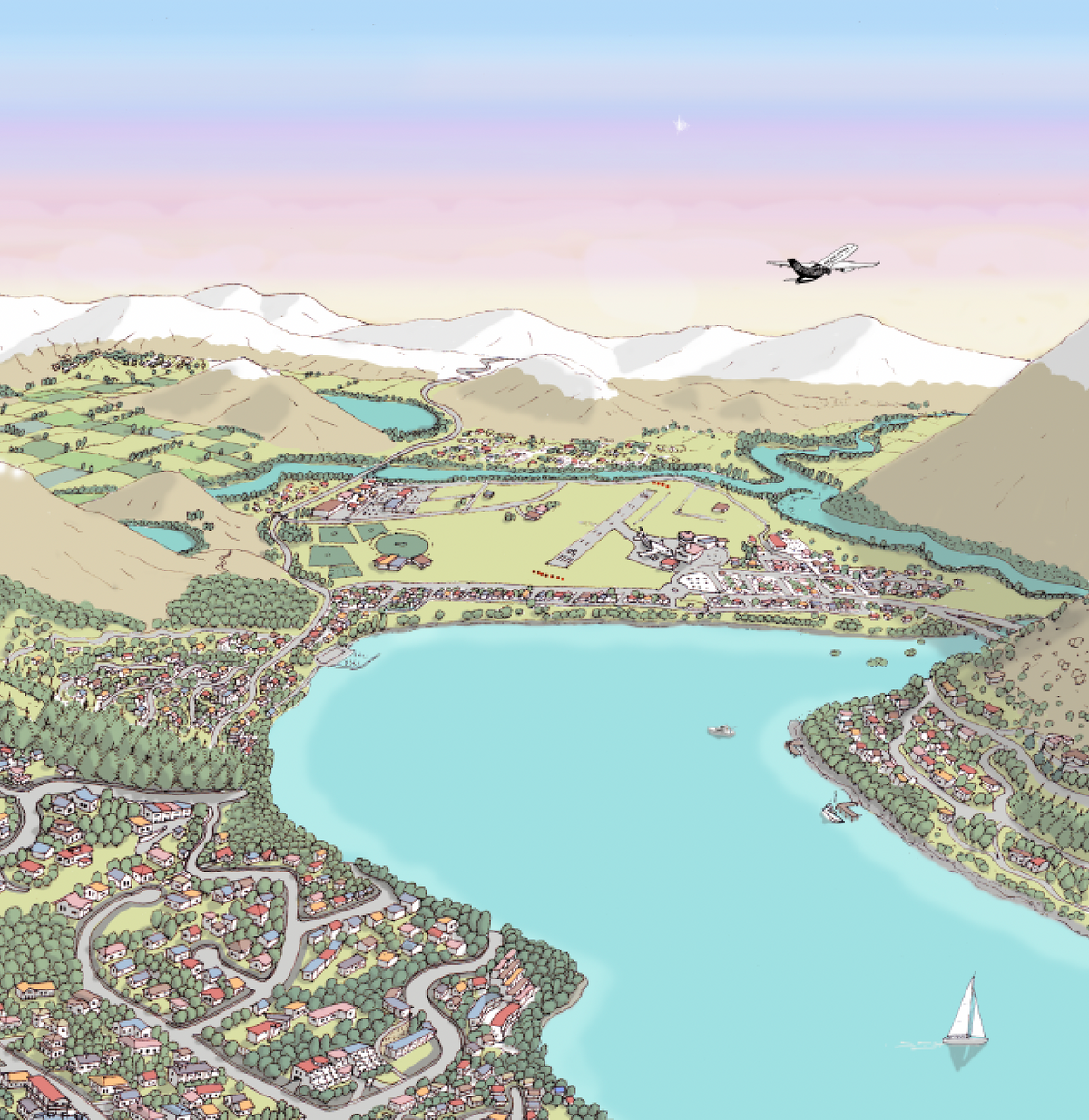 Close up - Hand-drawn map of Queenstown, New Zealand, featuring the airport, Air New Zealand plane, surrounding buildings, and Lake Wakatipu. Created in a detailed illustration style with digital colouring over pencil and pen. 