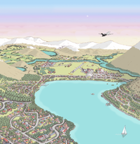 Close up - Hand-drawn map of Queenstown, New Zealand, featuring the airport, Air New Zealand plane, surrounding buildings, and Lake Wakatipu. Created in a detailed illustration style with digital colouring over pencil and pen. 