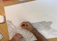 Hand-drawn process of map of Queenstown, New Zealand, featuring the town centre, waterfront, gondola and luge tracks, surrounding buildings, and Lake Wakatipu. Created in a detailed illustration style with digital colouring over pencil and pen. 