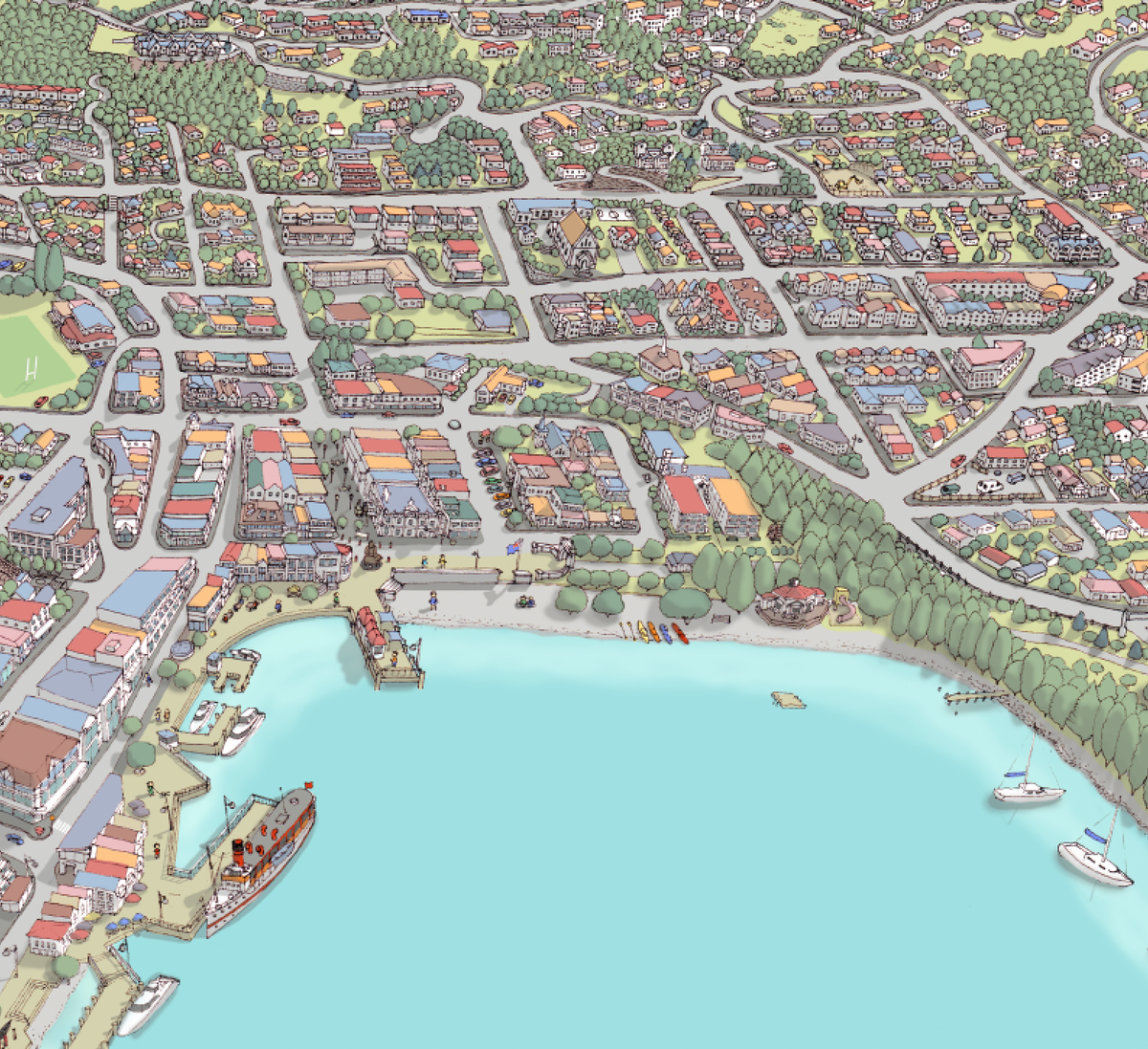 Close up of Hand-drawn map of Queenstown, New Zealand, featuring the town centre, waterfront, gondola and luge tracks, surrounding buildings, and Lake Wakatipu. Created in a detailed illustration style with digital colouring over pencil and pen. 