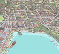 Close up of Hand-drawn map of Queenstown, New Zealand, featuring the town centre, waterfront, gondola and luge tracks, surrounding buildings, and Lake Wakatipu. Created in a detailed illustration style with digital colouring over pencil and pen. 