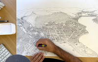 Hand-drawn process of map of Queenstown, New Zealand, featuring the town centre, waterfront, gondola and luge tracks, surrounding buildings, and Lake Wakatipu. Created in a detailed illustration style with digital colouring over pencil and pen. 