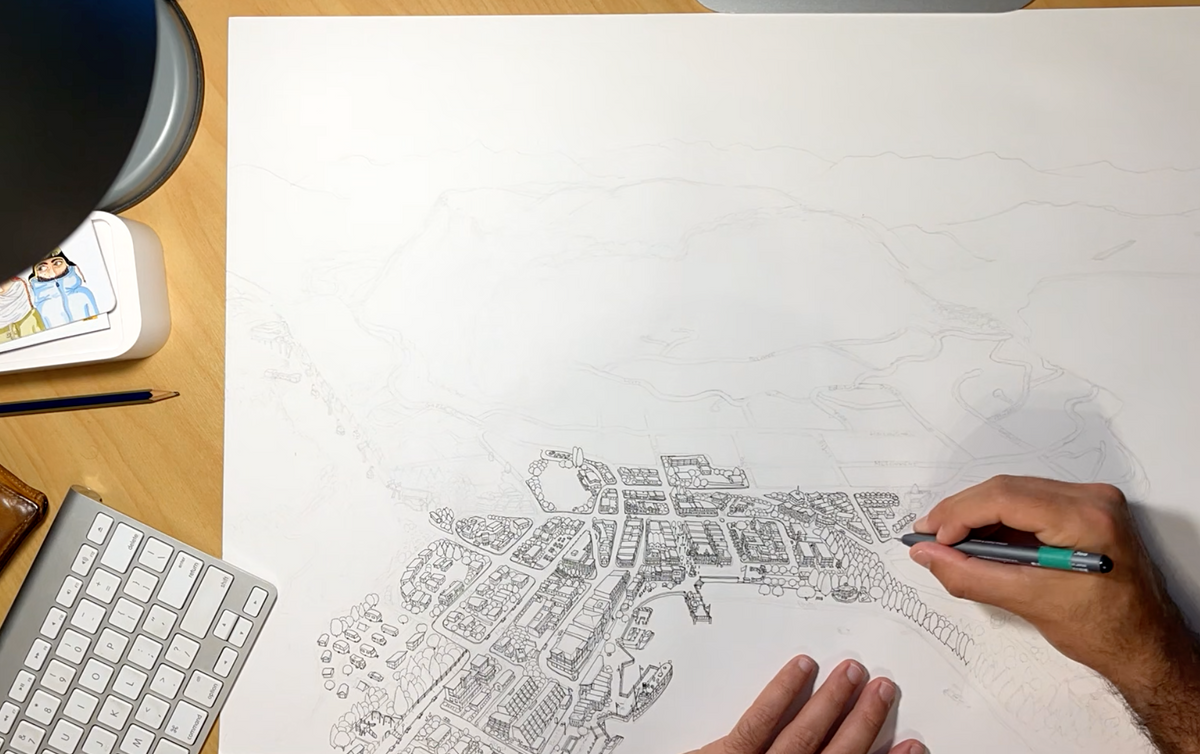 Hand-drawn process of map of Queenstown, New Zealand, featuring the town centre, waterfront, gondola and luge tracks, surrounding buildings, and Lake Wakatipu. Created in a detailed illustration style with digital colouring over pencil and pen. 