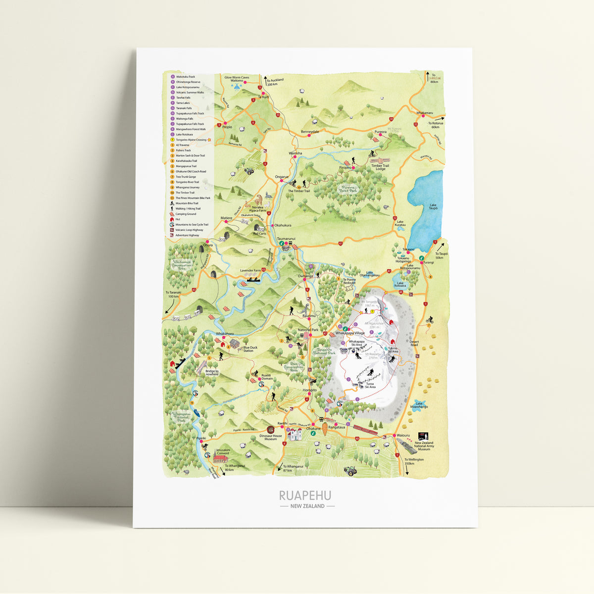Hand-drawn watercolour map of the Ruapehu region, New Zealand. Shows all the walking tracks, points of interest, roads, and trails across the area. Created as part of a tourist flyer for Ruapehu Council. Detailed and colourful illustration with a love for watercolours, capturing the beauty of the landscape where we used to live.