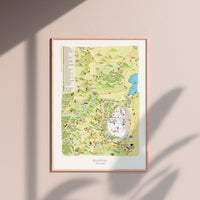 Hand-drawn watercolour map of the Ruapehu region, New Zealand. Shows all the walking tracks, points of interest, roads, and trails across the area. Created as part of a tourist flyer for Ruapehu Council. Detailed and colourful illustration with a love for watercolours, capturing the beauty of the landscape  displayed in wood frame.