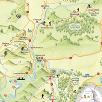 Close up Hand-drawn watercolour map of the Ruapehu region, New Zealand. Shows all the walking tracks, points of interest, roads, and trails across the area. Created as part of a tourist flyer for Ruapehu Council. Detailed and colourful illustration with a love for watercolours, capturing the beauty of the landscape where we used to live.