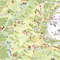 Close up Hand-drawn watercolour map of the Ruapehu region, New Zealand. Shows all the walking tracks, points of interest, roads, and trails across the area. Created as part of a tourist flyer for Ruapehu Council. Detailed and colourful illustration with a love for watercolours, capturing the beauty of the landscape where we used to live.
