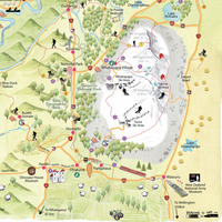 Close up Hand-drawn watercolour map of the Ruapehu region, New Zealand. Shows all the walking tracks, points of interest, roads, and trails across the area. Created as part of a tourist flyer for Ruapehu Council. Detailed and colourful illustration with a love for watercolours, capturing the beauty of the landscape where we used to live.