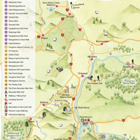 Close up Hand-drawn watercolour map of the Ruapehu region, New Zealand. Shows all the walking tracks, points of interest, roads, and trails across the area. Created as part of a tourist flyer for Ruapehu Council. Detailed and colourful illustration with a love for watercolours, capturing the beauty of the landscape where we used to live.