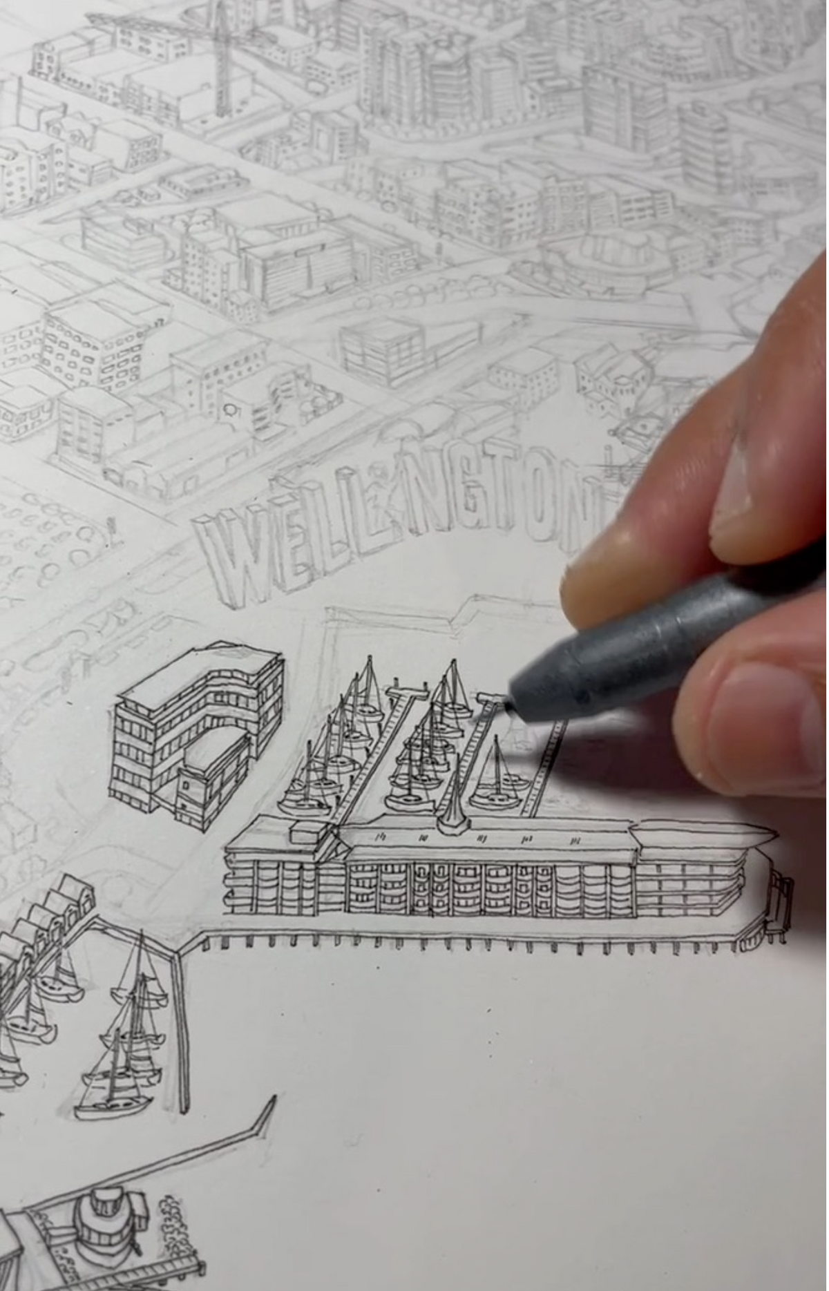 Close-up Hand-drawn Wellington map waterfont and buildings.