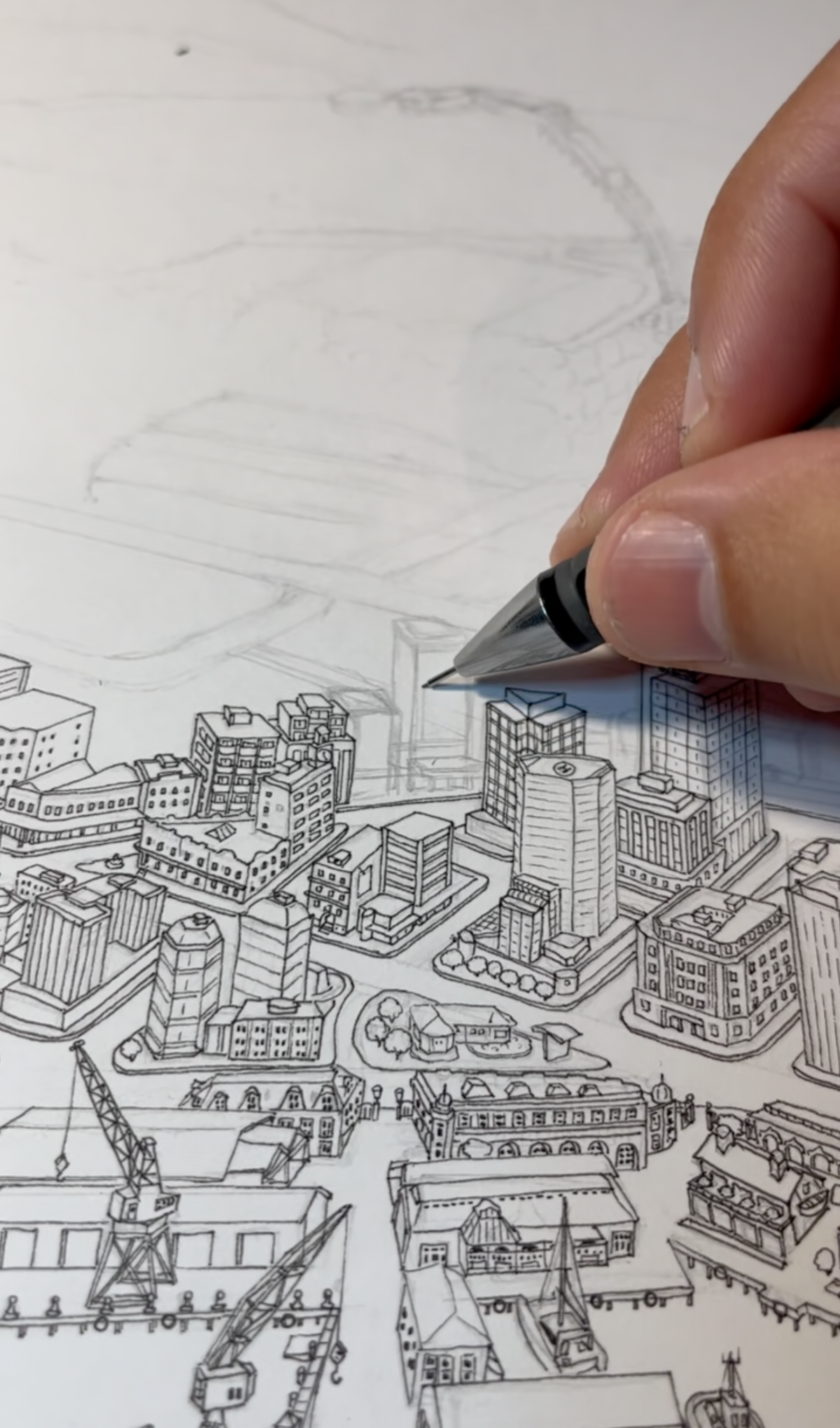 Close-up Hand drawing detailed Wellington art map cityscape with pencil and pen on paper. 