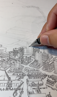 Close-up Hand drawing detailed Wellington art map cityscape with pencil and pen on paper. 
