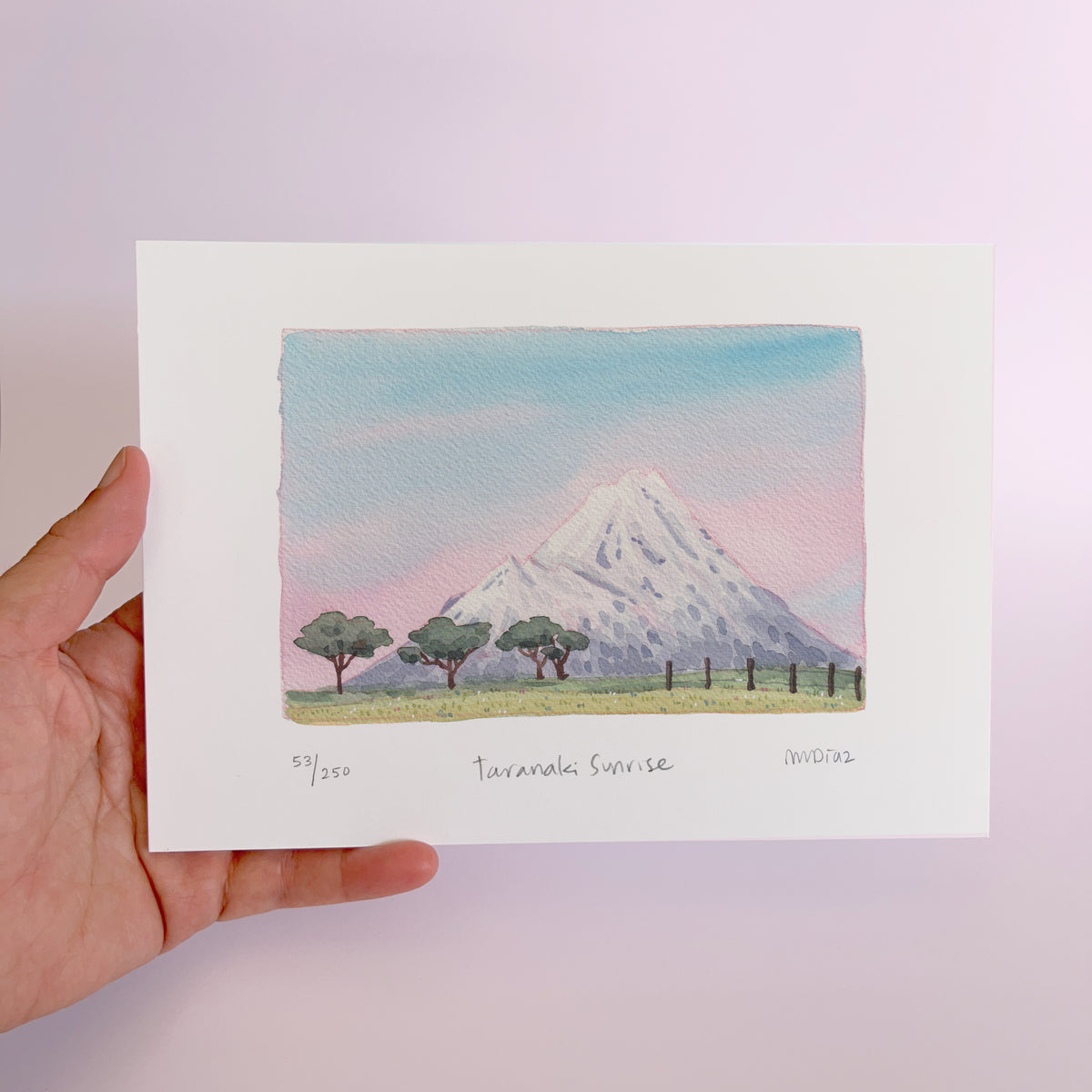 Taranaki watercolor pink landscape painting