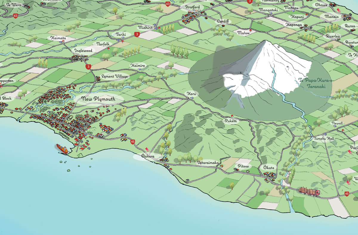 Close-up of Hand-drawn map art print of Taranaki featuring Mount Taranaki, and New Plymouth. New Zealand.