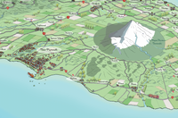 Close-up of Hand-drawn map art print of Taranaki featuring Mount Taranaki, and New Plymouth. New Zealand.