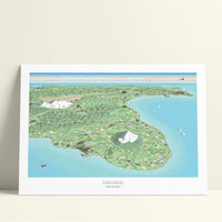 Hand-drawn map art print of Taranaki featuring Mount Taranaki, the coastal towns, and the circle route around Mount Taranaki.