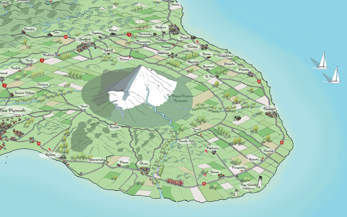 Close-up of Hand-drawn map art print of Taranaki featuring Mount Taranaki, New Plymouth and towns.