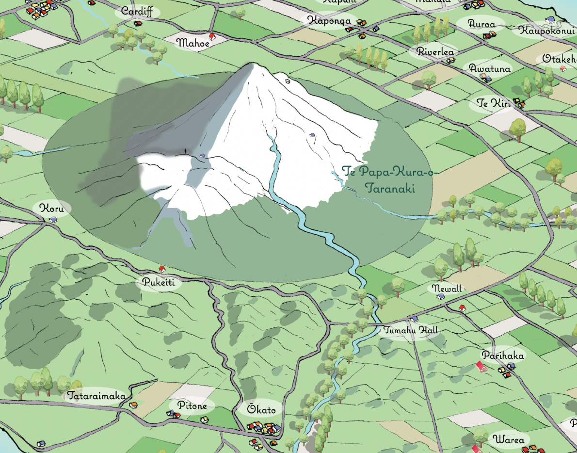 Close-up of Hand-drawn map art print of Taranaki featuring Mount Taranaki. New Zealand.
