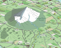 Close-up of Hand-drawn map art print of Taranaki featuring Mount Taranaki. New Zealand.