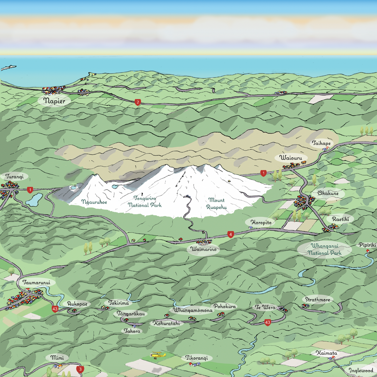 Close-up of Hand-drawn map art print of Taranaki featuring Mount Ruapehu behind.