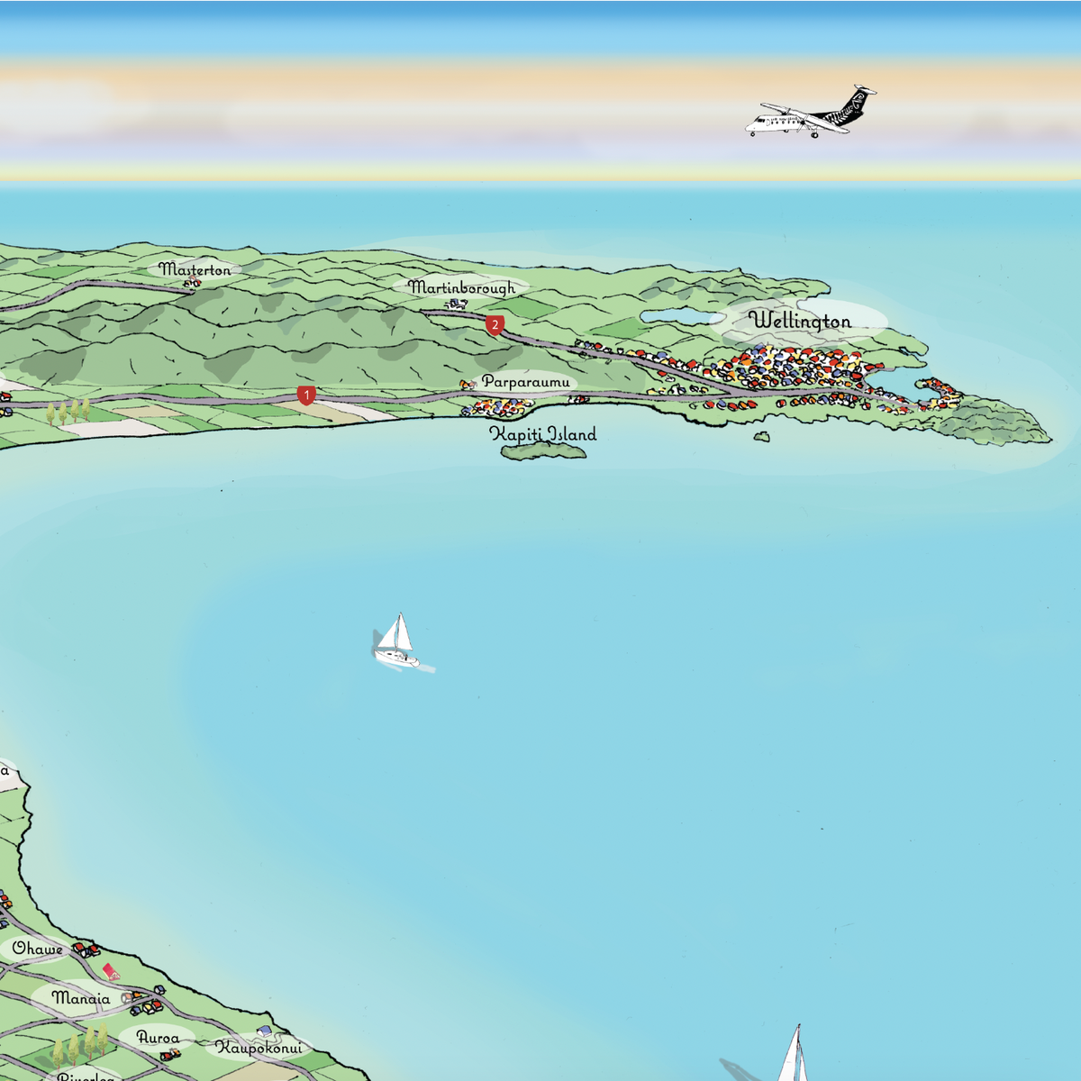 Close-up of Hand-drawn map art print of Taranaki, New Zealand showing Wellington far behind and Air New Zealand plane.