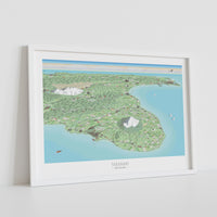 Hand-drawn map art print of Taranaki featuring Mount Taranaki, the coastal towns, and the circle route around Mount Taranaki. Framed version in white.