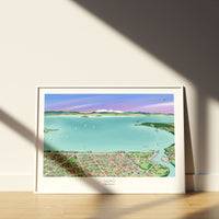 A hand-drawn map of the Taupō  commercial area in New Zealand, digital colouring showing the lake, city, and surrounding landscapes. Displayed in White Frame.