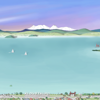 Close up of A hand-drawn map of the Taupō area in New Zealand, digital colouring showing the lake, city, and surrounding landscapes.