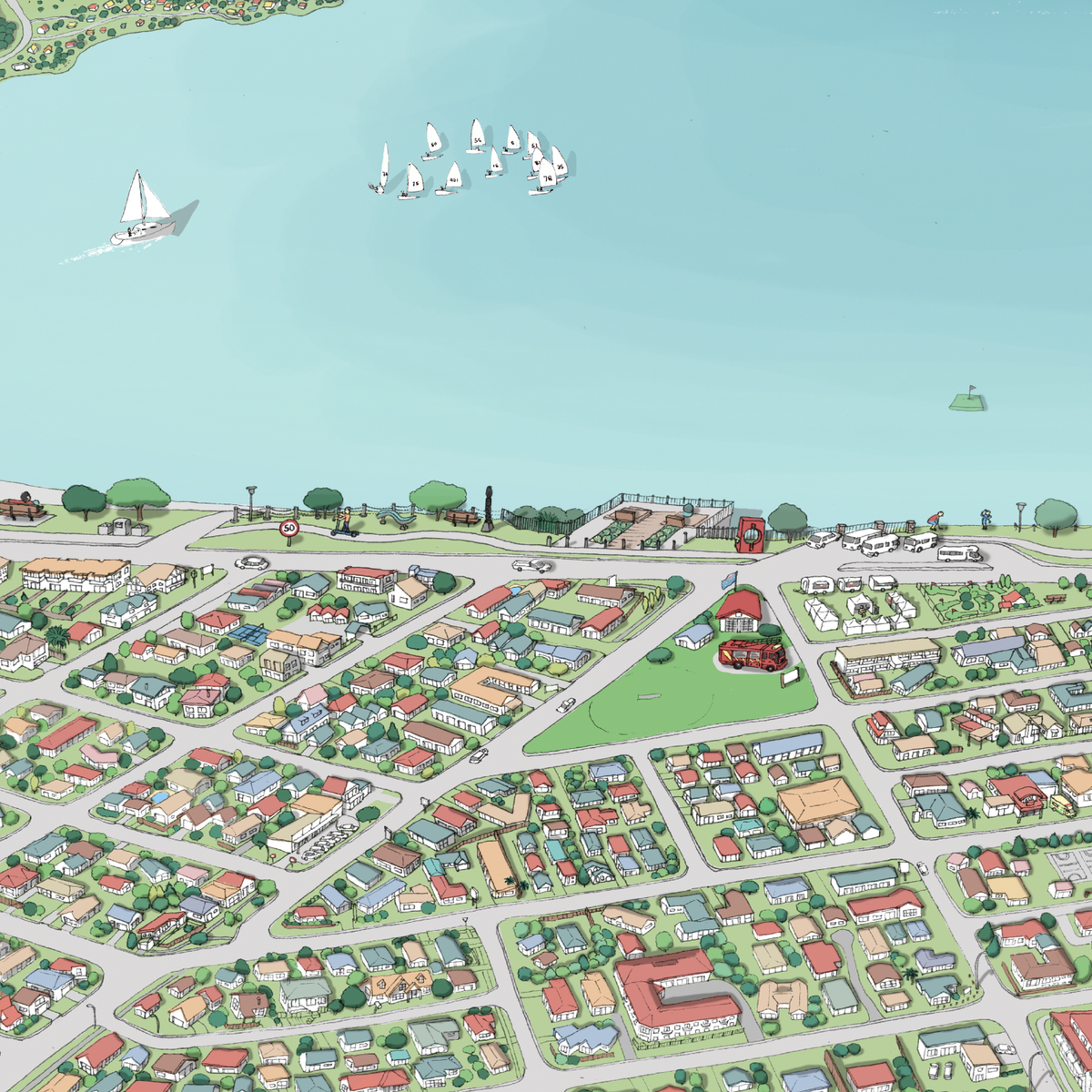 Close up of A hand-drawn map of the Taupō area in New Zealand, digital colouring showing the lake, city, and surrounding landscapes.