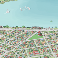 Close up of A hand-drawn map of the Taupō area in New Zealand, digital colouring showing the lake, city, and surrounding landscapes.