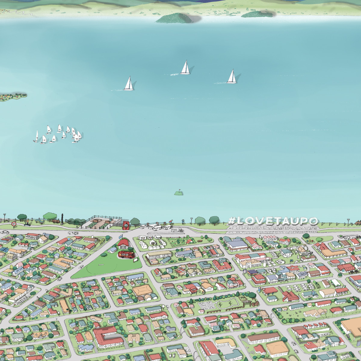 Close up of A hand-drawn map of the Taupō area in New Zealand, digital colouring showing the lake, city with Market Central Taupo, firefighters, and surrounding landscapes.