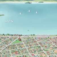 Close up of A hand-drawn map of the Taupō area in New Zealand, digital colouring showing the lake, city with Market Central Taupo, firefighters, and surrounding landscapes.