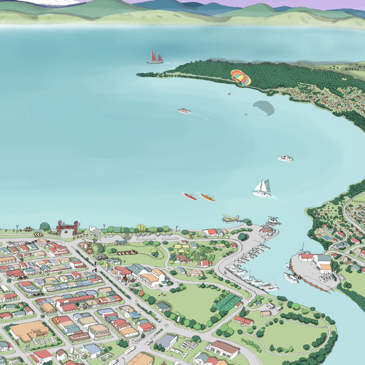 Close up of A hand-drawn map of the Taupō area in New Zealand, digital colouring showing the lake with colour parasail, river,city, and surrounding landscapes.
