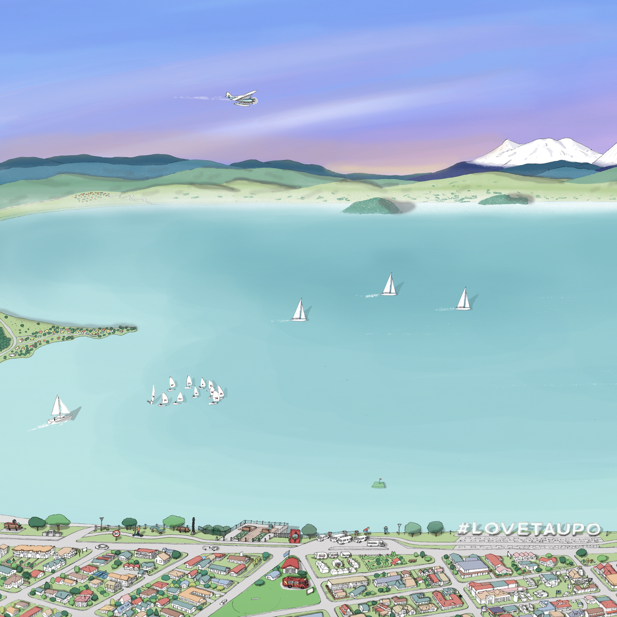 Close up of A hand-drawn map of the Taupō area in New Zealand, digital colouring showing the lake with vessels, city, and surrounding landscapes.