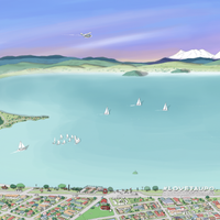 Close up of A hand-drawn map of the Taupō area in New Zealand, digital colouring showing the lake with vessels, city, and surrounding landscapes.
