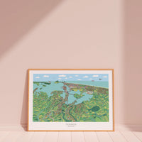 A hand-drawn  map of Tauranga, New Zealand. It shows the CBD, Mount Maunganui, the port, the airport, Matapihi, Otumoetai, Welcome Bay, Papamoa, and a small part of Omokoroa. Wood frame displayed