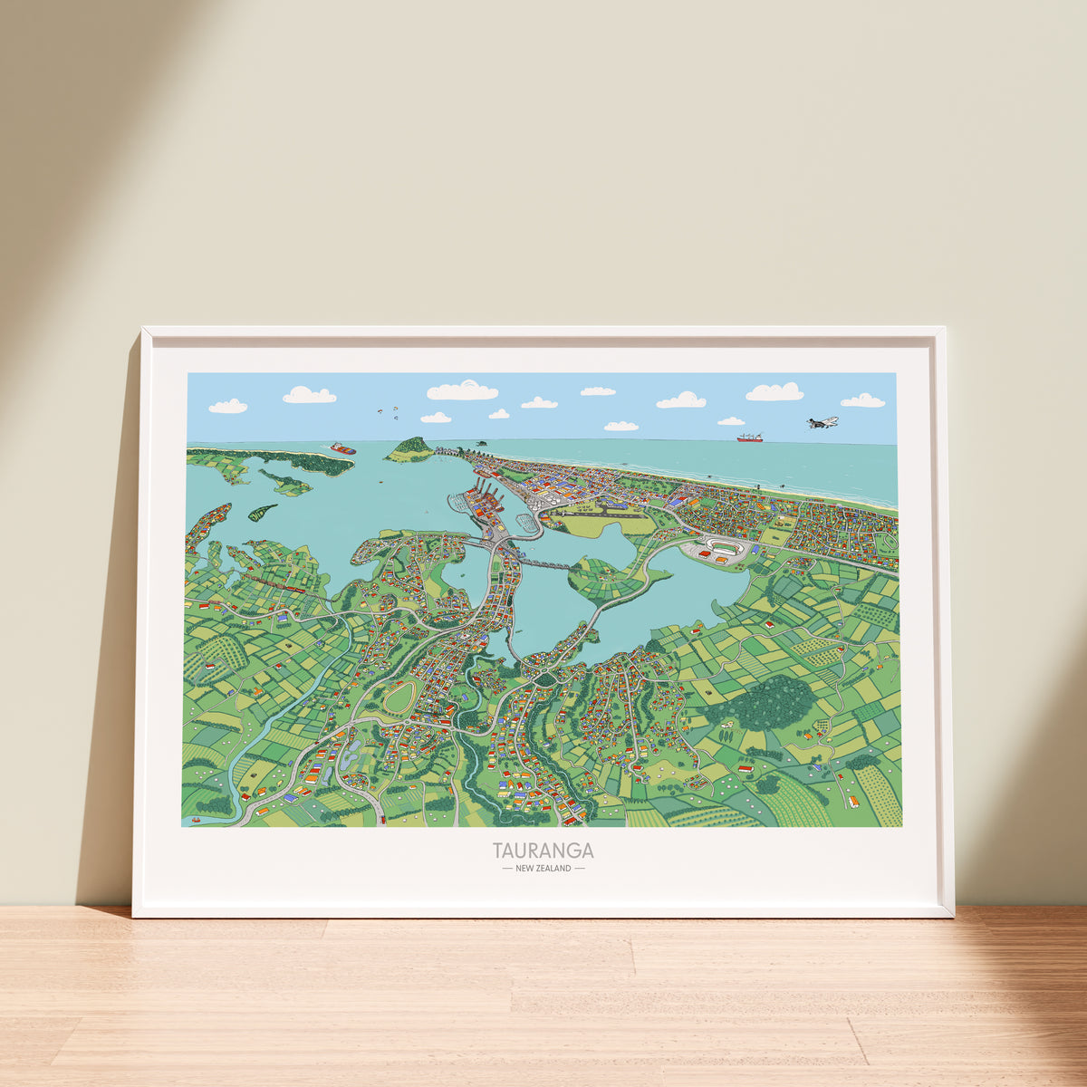 A hand-drawn  map of Tauranga, New Zealand. It shows the CBD, Mount Maunganui, the port, the airport, Matapihi, Otumoetai, Welcome Bay, Papamoa, and a small part of Omokoroa. White frame displayed.