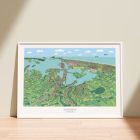 A hand-drawn  map of Tauranga, New Zealand. It shows the CBD, Mount Maunganui, the port, the airport, Matapihi, Otumoetai, Welcome Bay, Papamoa, and a small part of Omokoroa. White frame displayed.