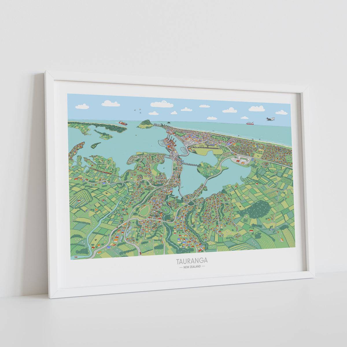 A hand-drawn  map of Tauranga, New Zealand. It shows the CBD, Mount Maunganui, the port, the airport, Matapihi, Otumoetai, Welcome Bay, Papamoa, and a small part of Omokoroa. White frame displayed.