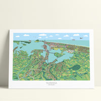 A hand-drawn  map of Tauranga, New Zealand. It shows the CBD, Mount Maunganui, the port, the airport, Matapihi, Otumoetai, Welcome Bay, Papamoa, and a small part of Omokoroa.