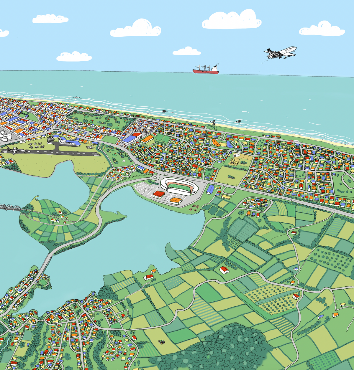 A hand-drawn  map of Tauranga, New Zealand. It shows the CBD, Mount Maunganui, the port, the airport, Matapihi, Otumoetai, Welcome Bay, Papamoa, and a small part of Omokoroa. Close up.