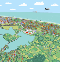 A hand-drawn  map of Tauranga, New Zealand. It shows the CBD, Mount Maunganui, the port, the airport, Matapihi, Otumoetai, Welcome Bay, Papamoa, and a small part of Omokoroa. Close up.
