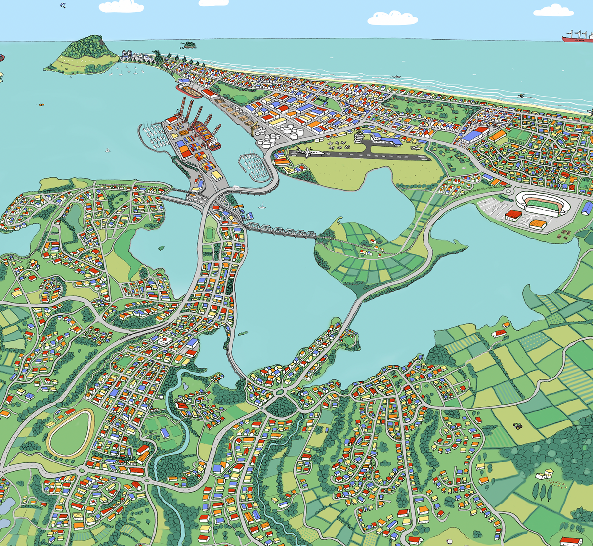 A hand-drawn  map of Tauranga, New Zealand. It shows the CBD, Mount Maunganui, the port, the airport, Matapihi, Otumoetai, Welcome Bay, Papamoa, and a small part of Omokoroa. Close up.